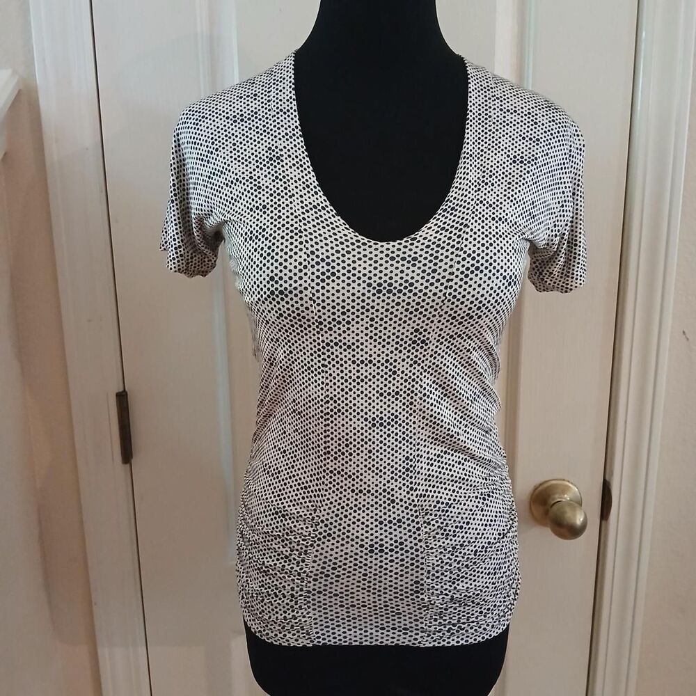 Y2K Vintage Lida Baday white black polka dot scoop V-neck ruched blouse M office